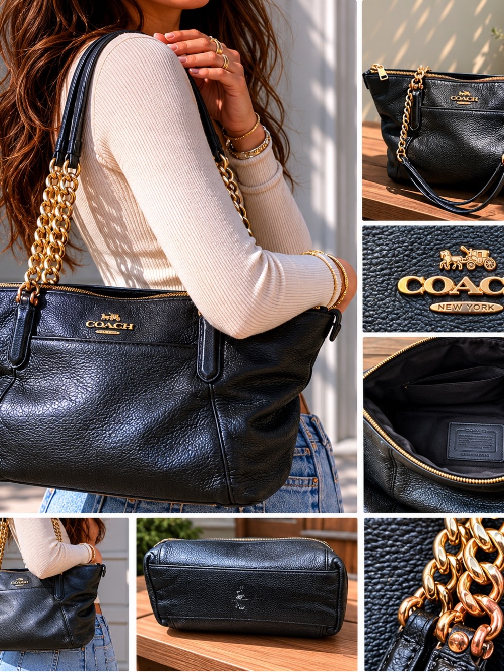 Coach Black Leather Shoulder Tote with Gold Chain Handles
